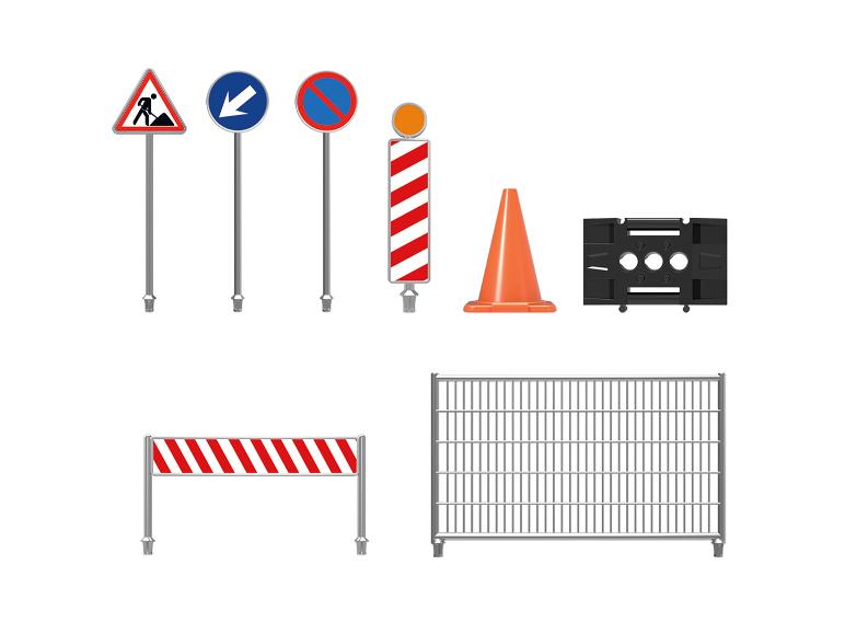 Verschiedene Verkehrszeichen und Straßenmarkierungsgeräte.