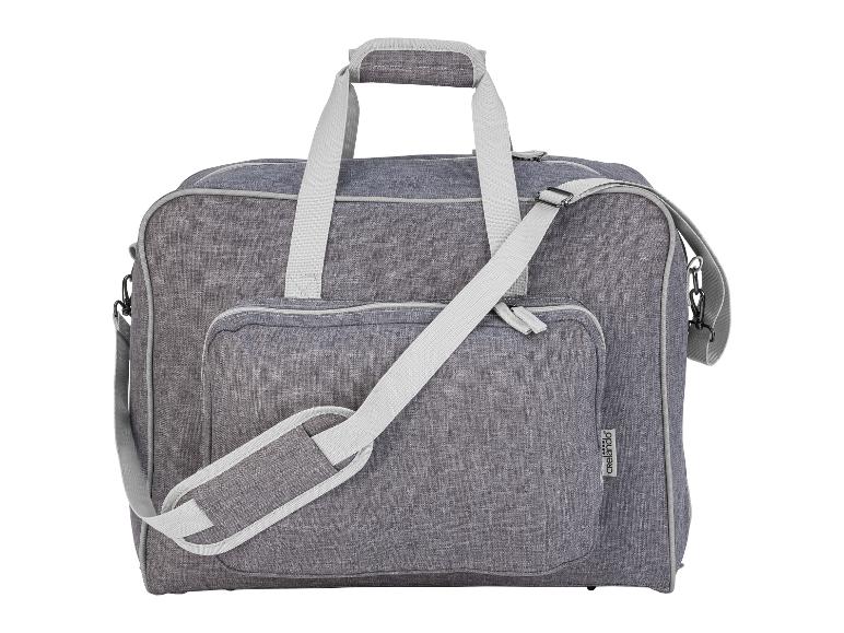 Graue Stofftasche mit Tragegriffen und verstellbarem Schultergurt.