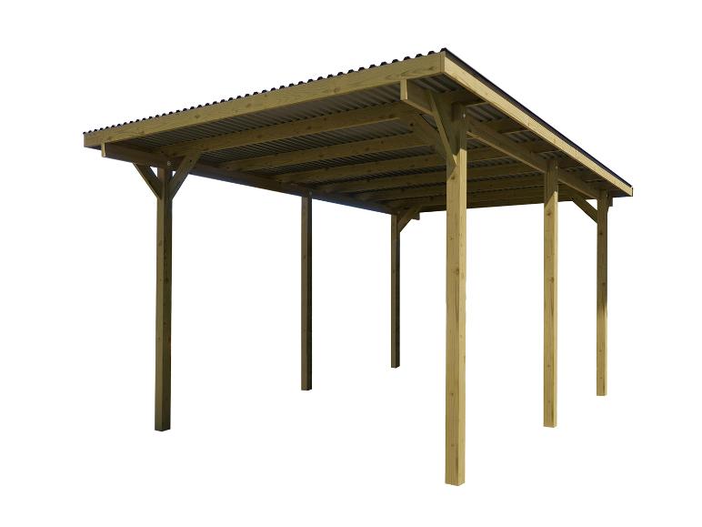 Holzcarport mit Wellblechdach auf weißem Hintergrund