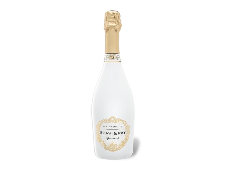 Weiße Sektflasche mit Goldfolie und einem dekorativen Etikett.