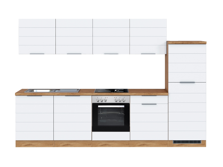 Moderne weiße Küche mit eingebautem Backofen und Kochfeld.