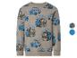 Beiges Sweatshirt mit blauem und grünem Polizeiauto- und Feuerwehrauto-Print, mit dem Text „TO THE RESCUE“.