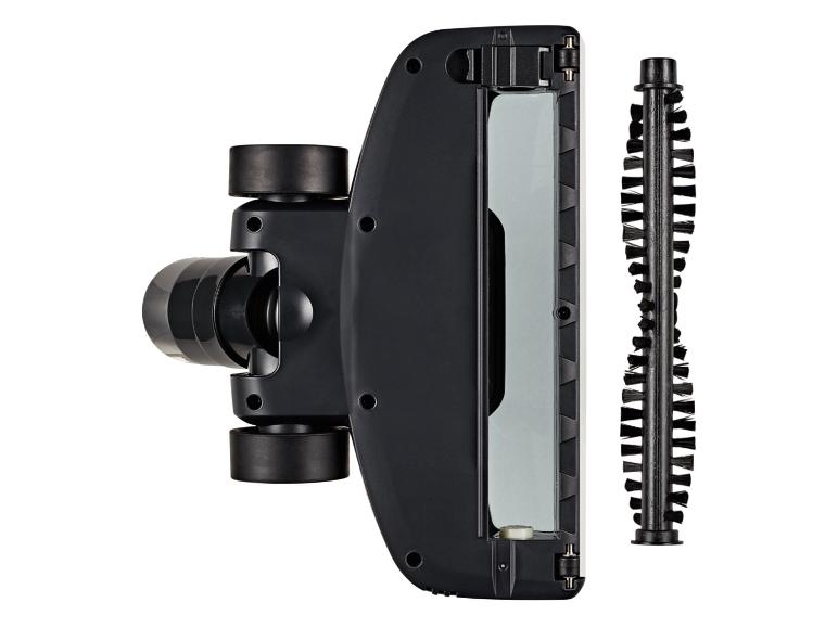 Schwarzer Handstaubsauger mit abnehmbarer Bürste auf weißem Hintergrund.