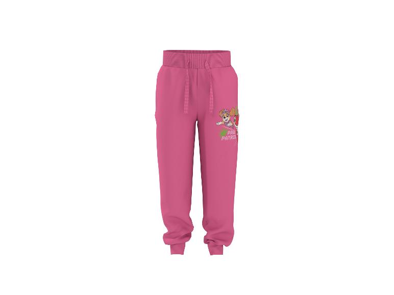 Mädchen-Jogginghose in Pink mit Welpen- und Textaufdruck.