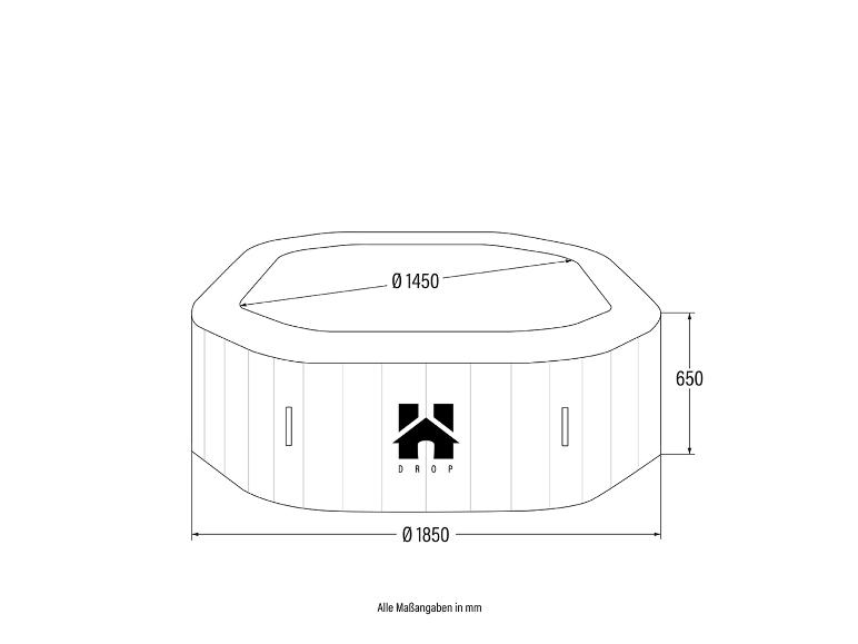 Technische Zeichnung des HOME DELUXE Outdoor Whirlpools Drop mit Maßangaben in mm.