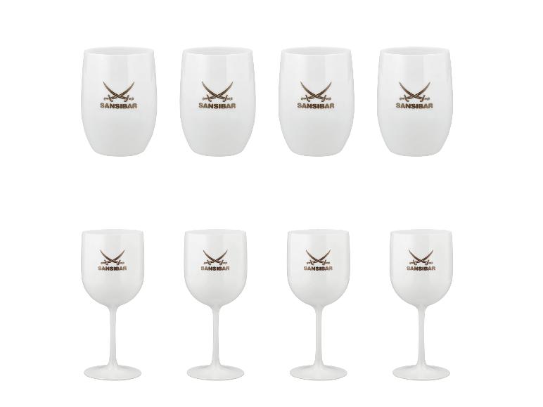 Set aus acht weißen Gläsern und Stielgläsern mit gekreuzten Säbeln und „SANSBAR“-Schriftzug.