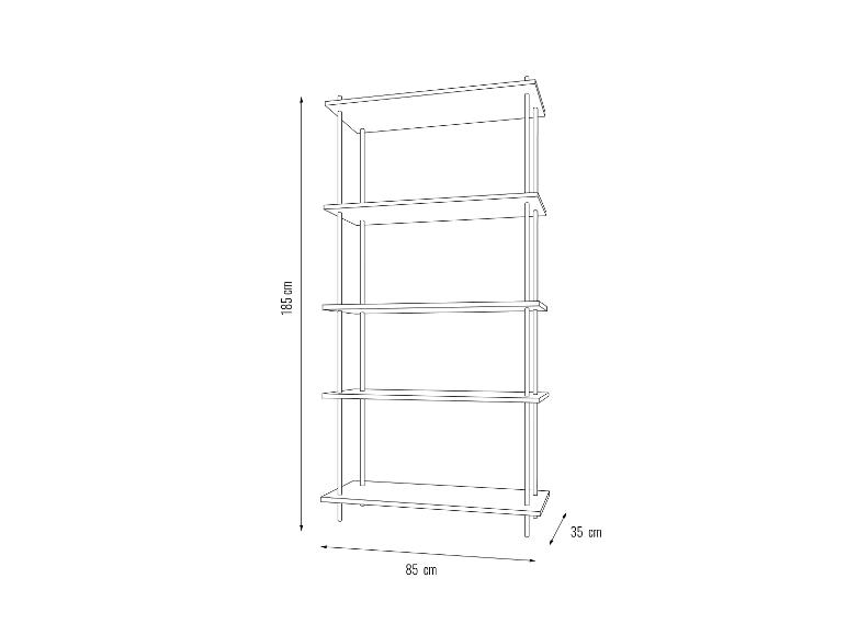 Umrisszeichnung eines fünfteiligen Regals mit den Maßen 185x85x35 cm.