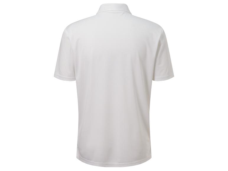 Weißes Poloshirt mit kurzen Ärmeln, Rückansicht.