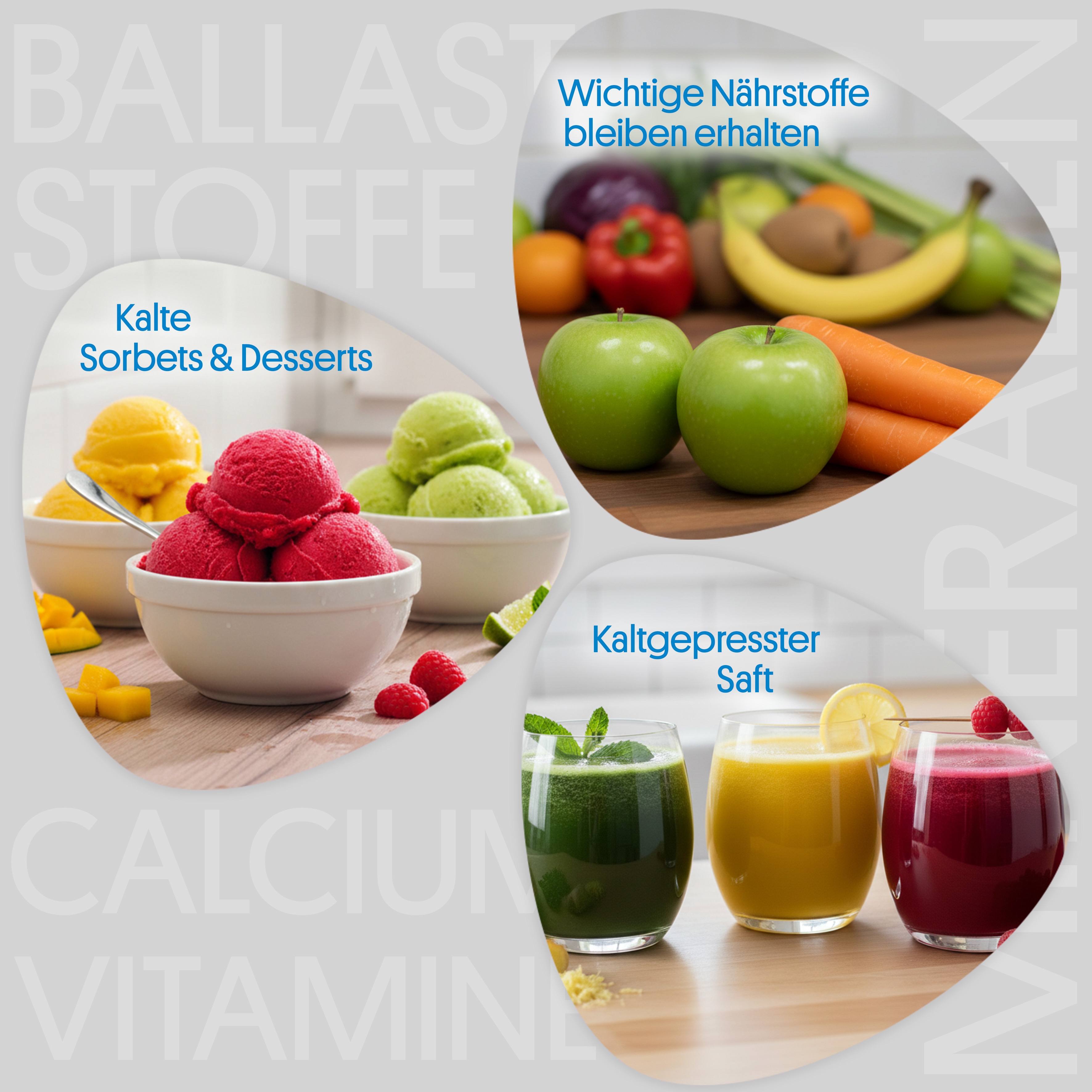 Wichtige Nährstoffe wie Ballaststoffe, Calcium und Vitamine bleiben erhalten. Geeignet für kaltgepressten Saft sowie kalte Sorbets und Desserts.