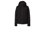 Schwarze Winterjacke mit lila Reißverschluss und Kapuze.