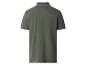 Dunkelgrünes Poloshirt mit weiß gestreiftem Kragen und Ärmelbündchen, Rückansicht.