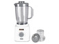 Ein weißer Kenwood-Mixer mit Glaskanne und einem kleineren Mixbecher.
