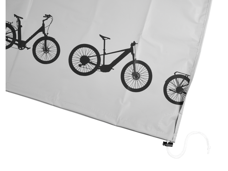 Weiße Abdeckung mit schwarzen Silhouetten verschiedener Fahrräder, einschließlich E-Bikes und Cityrädern.