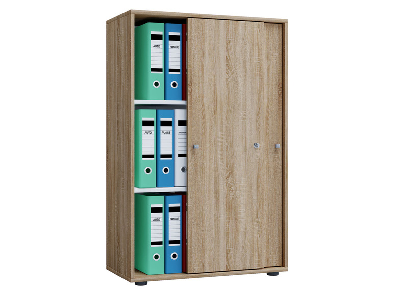 Ein Holzschrank mit Schiebetüren und grünen, blauen und weißen Ordnern