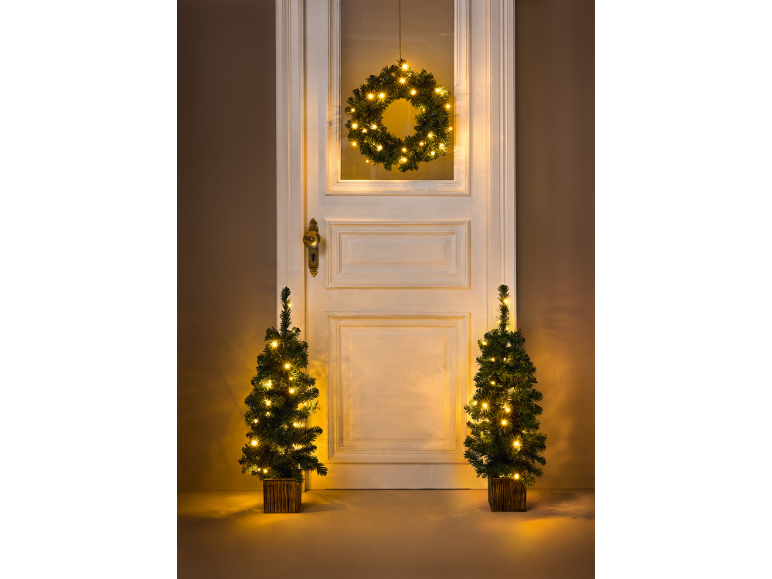 Weihnachtskranz und zwei kleine Weihnachtsbäume mit Lichtern an einer Tür.