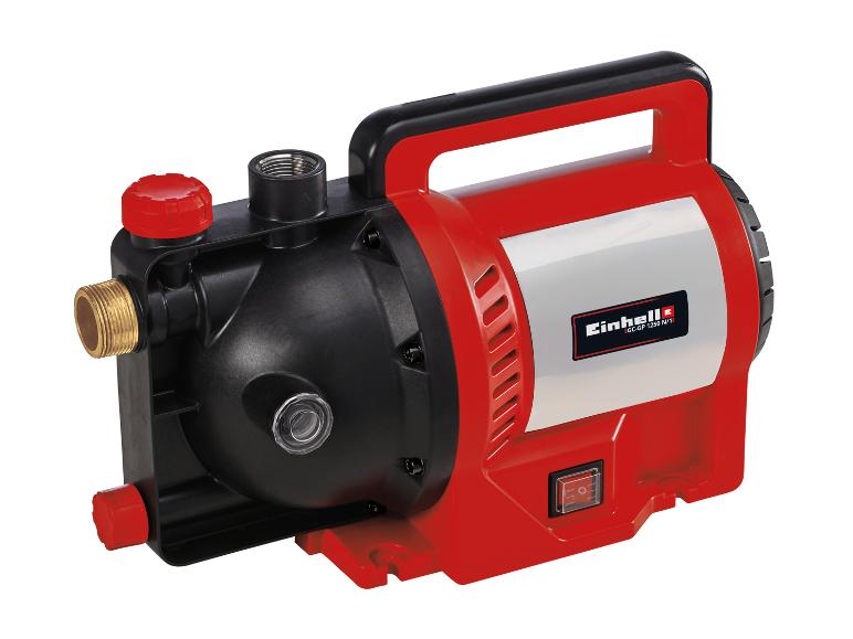 Rote und schwarze Wasserpumpe mit Griff und Netzschalter.