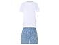 Weißes T-Shirt und blaue Boxershorts mit Blumenmuster.