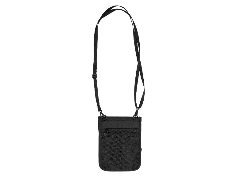 Schwarze Bauchtasche mit Schultergurt und Netztasche.