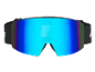 Schwarze Skibrille mit blauer Spiegelscheibe und elastischem Band.