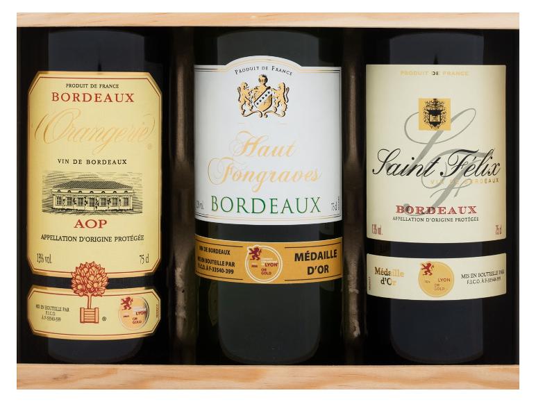Drei Flaschen französischen Rotweins: L'Orangerie, Haut-Fongraves und Saint-Félix.