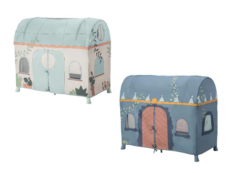 Zwei Spielzelte für Kinder: eines im Hausstil mit Pflanzen und eines im Burgstil.
