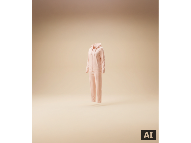 Rosa Trainingsanzug mit Kapuzenpullover und Hose, schwebend vor beigem Hintergrund.