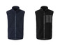 Zwei Fleece-Westen mit Reißverschluss, eine dunkelblaue und eine schwarze.