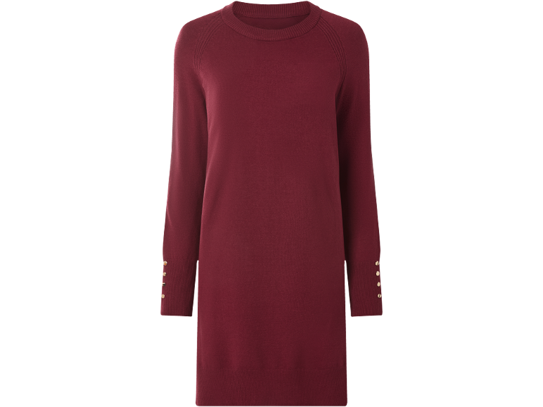 Bordeauxrotes Strickkleid mit langen Ärmeln und goldenen Knöpfen an den Manschetten