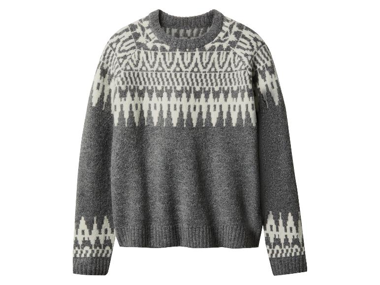 Grau-weißer Strickpullover mit geometrischem Muster.