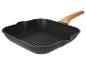 Schwarze quadratische Grillpfanne mit Holzgriff.