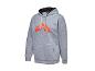 Grauer Hoodie mit orangefarbenem Logo.