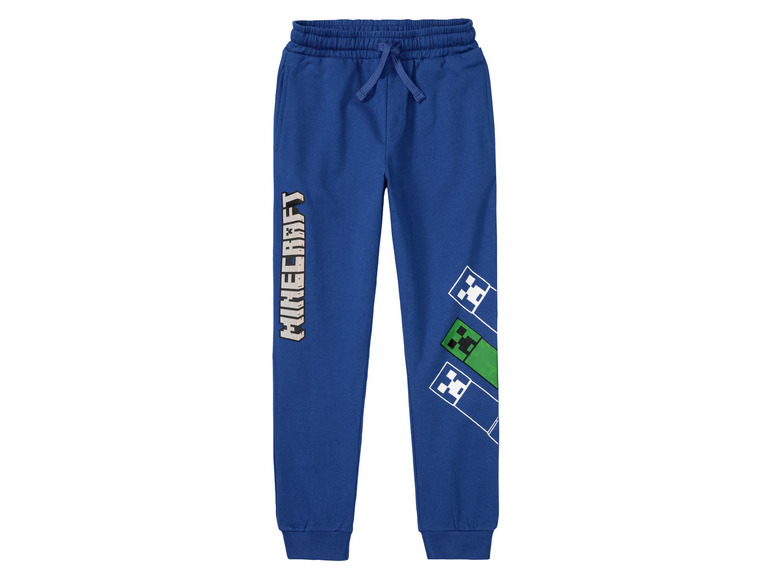 Blaue Jogginghose mit Minecraft Creeper-Print.