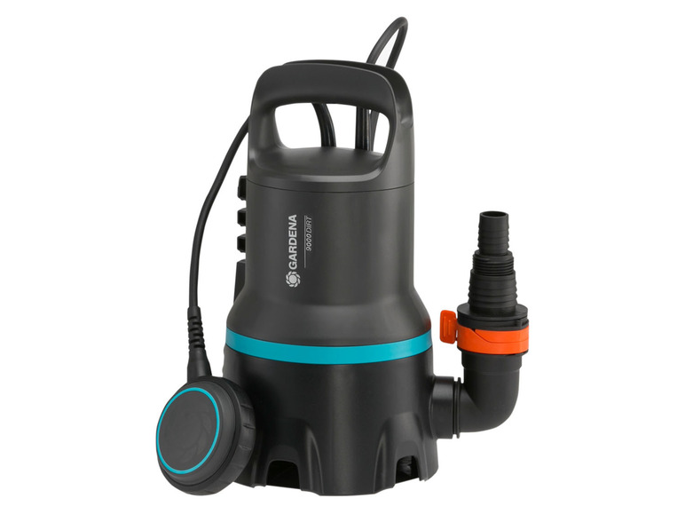 Eine Gardena 9000/4i Tauchpumpe mit einem blauen Akzent.
