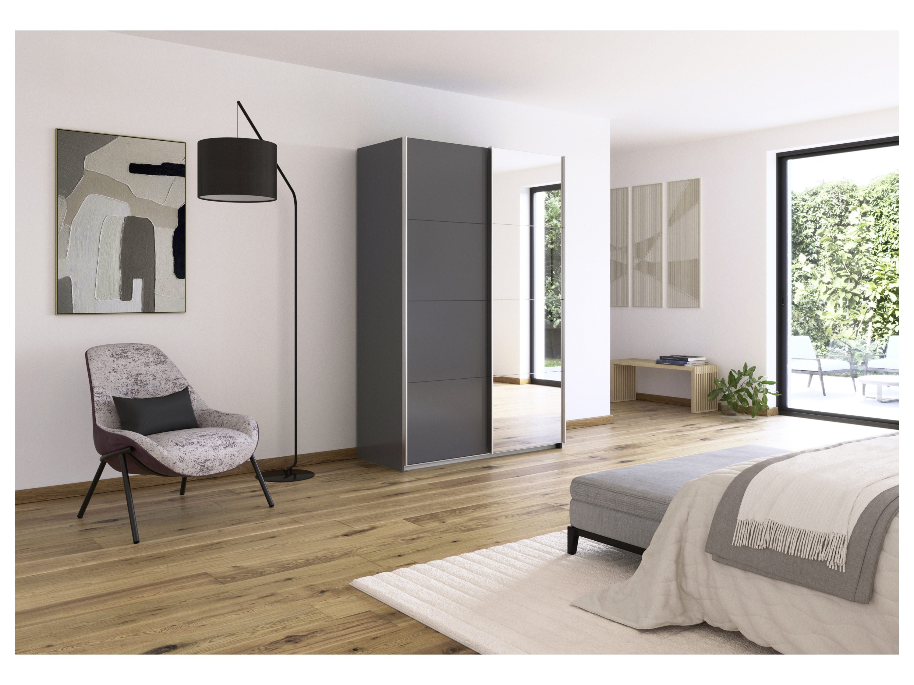 RAUCH ORANGE Quadra Schwebetürenschrank mit Spiegelelementen (Classic-Zubehör, Korpus: Graumetallic, 136 x 210 cm) – Bild 2 von 4