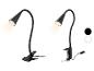 Zwei schwarze flexible Schreibtischlampen, eine mit Klemmfuß und eine mit Schraubklemme.