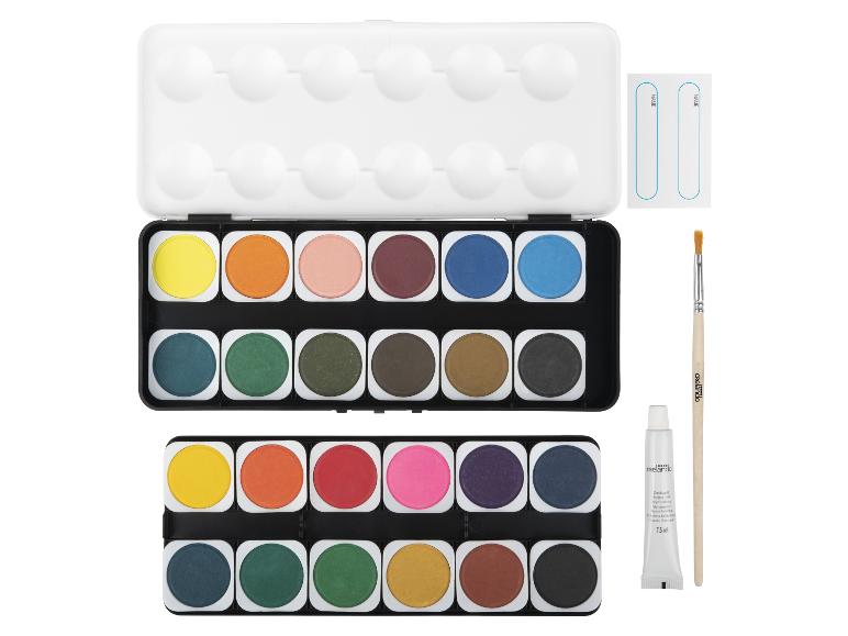 Aquarellfarbkasten mit 24 Farben, Pinsel und Deckweißtube.
