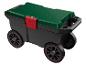 Schwarzer Gartenwagen mit grünem Deckel und Rädern mit roten Akzenten.