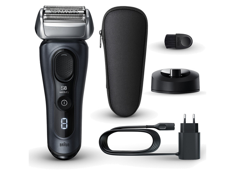 Braun Series 8 Rasierer mit Ladegerät, Etui und Zubehör.