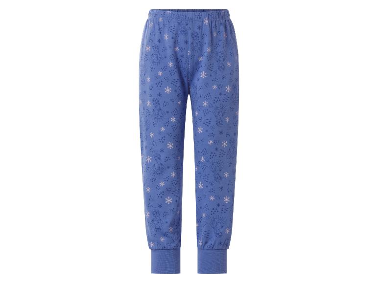 Blaue Kinder-Pyjamahose mit Elsa-Motiven und Schneeflocken.