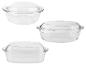 Drei transparente Glas-Auflaufformen mit Deckeln, rund und rechteckig.