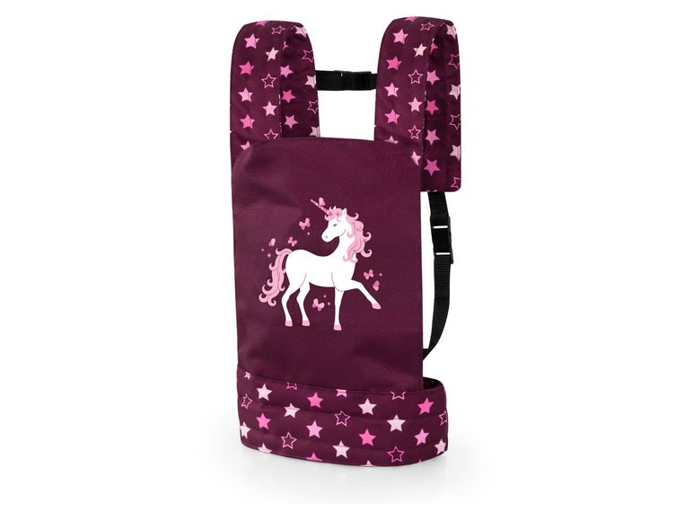 Ein rosa-lilafarbener Babytragetuch mit Einhorn- und Sternenmuster.