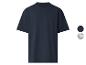 Marineblaues Kurzarm-T-Shirt mit Rundhalsausschnitt, mit einfarbigen und gestreiften Farbmustern.