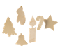 Weihnachtsbaumschmuck aus Holz in Form von Baum, Handschuh, Glocke, Kerze, Zuckerstange und Stern.