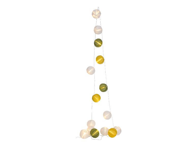 Lichterkette mit weißen, gelben und grünen Papierlaternen.