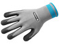 Ein Paar graue Arbeitshandschuhe mit blauen Details der Marke Gardena.