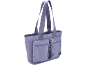 Fliederfarbene Schultertasche mit Reißverschlusstaschen auf der Vorderseite.