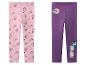 Kinderleggings mit Katzen- und Meerjungfrauenmotiven, eine rosa gemustert und eine lila bedruckt.