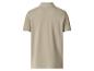 Beiges Kurzarm-Poloshirt mit weißem Kragen und Ärmelbündchen, Rückansicht.