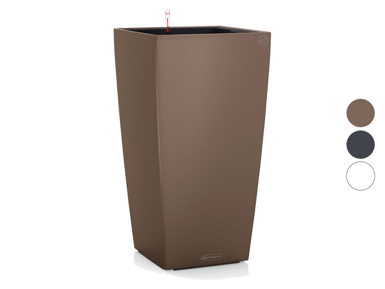 Brauner rechteckiger Lechuza Blumentopf mit Wasserstandsanzeige.