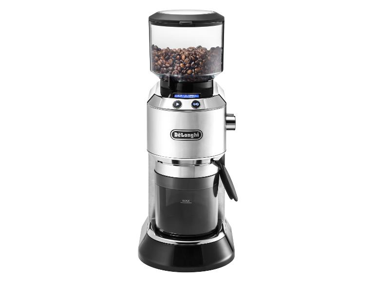 Silberne Kaffeemühle mit transparentem Bohnenbehälter und schwarzem Kaffeepulverbehälter.